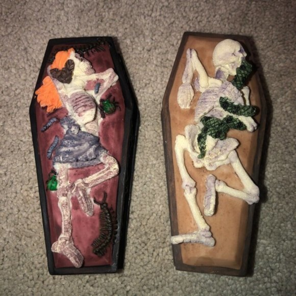 Halloween Gothic Goth Skeleton‎ Coffin Casket Trinket Ring Box Set (2) New